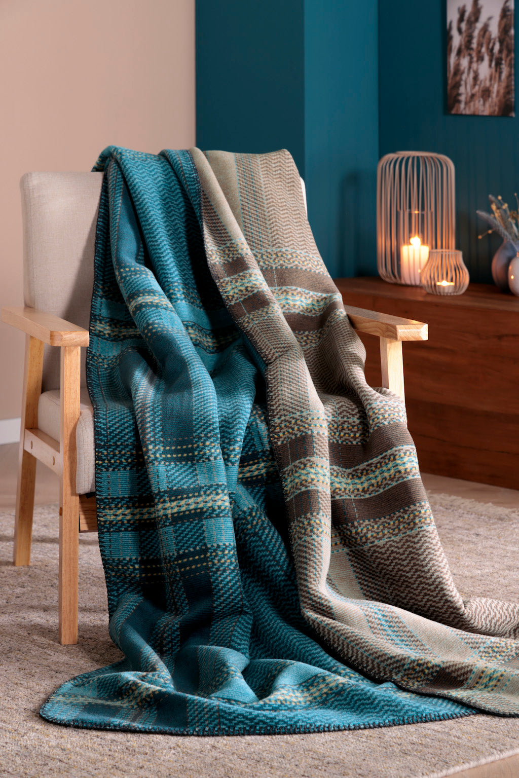 Plaid Caldo Cotone Nordic Check Soggiorno Borbo 150 x 200 Fronte Ottanio / Retro Tortora