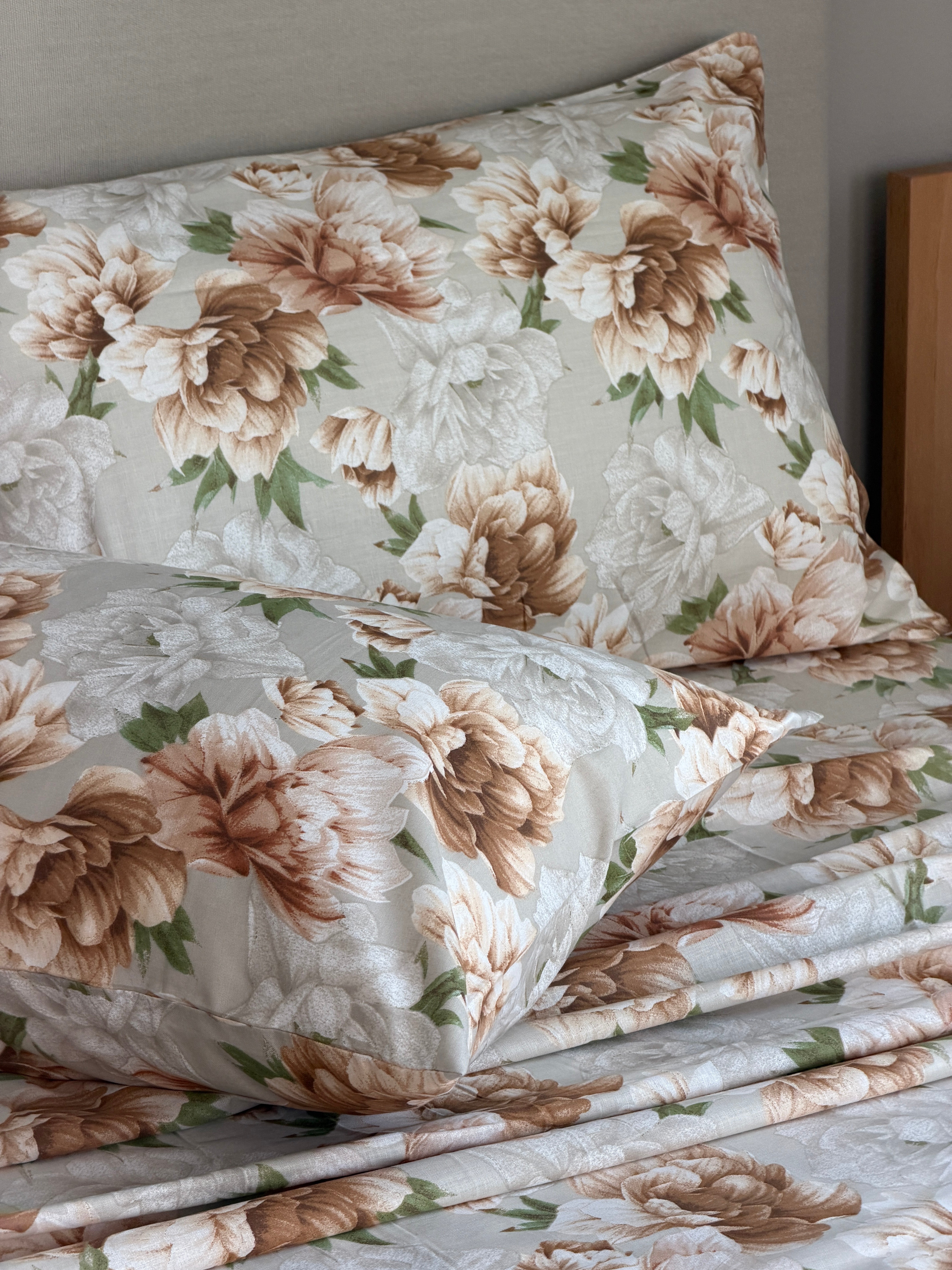 Completo Lenzuola Cotone Stampato PEONYS Letto Cotonissimo Matrimoniale Sabbia