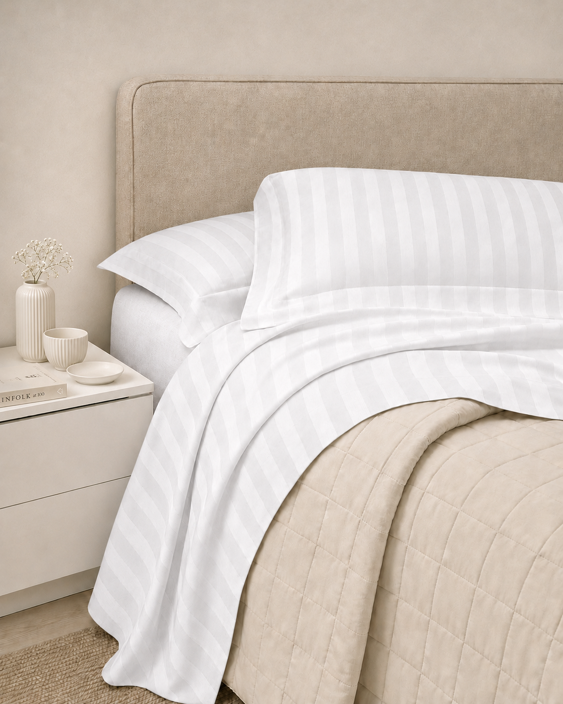 Completo Lenzuola Riga Raso Cotone HOTELLERIE Letto Moreali Tessile Casa Matrimoniale Bianco