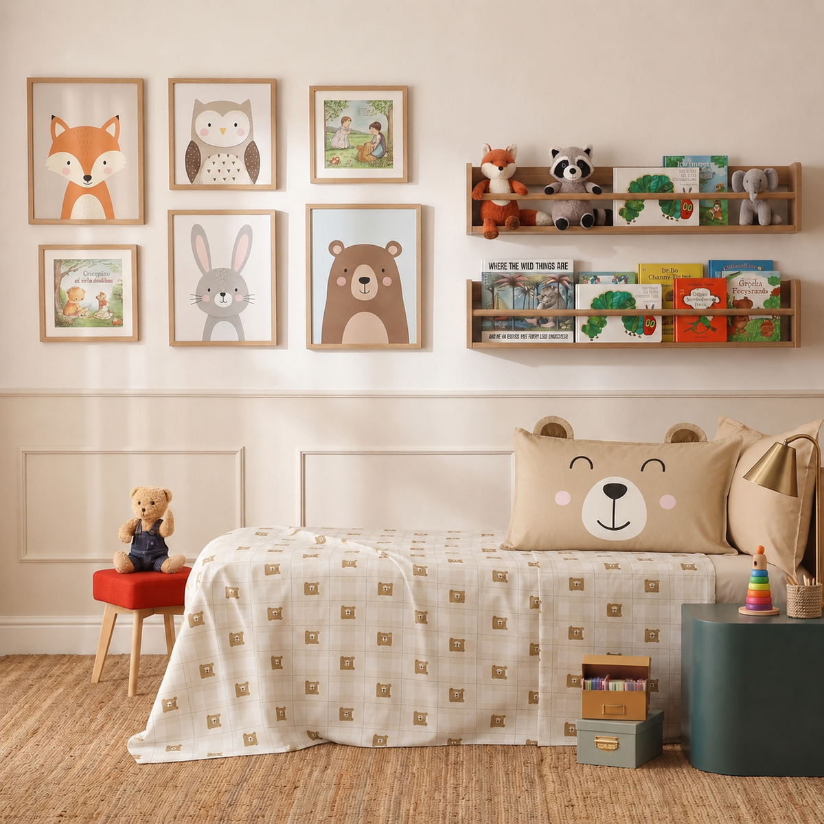 Completo Lenzuola KIDS Percalle Stampato Scott Letto Riviera Piazza e Mezzo Tortora