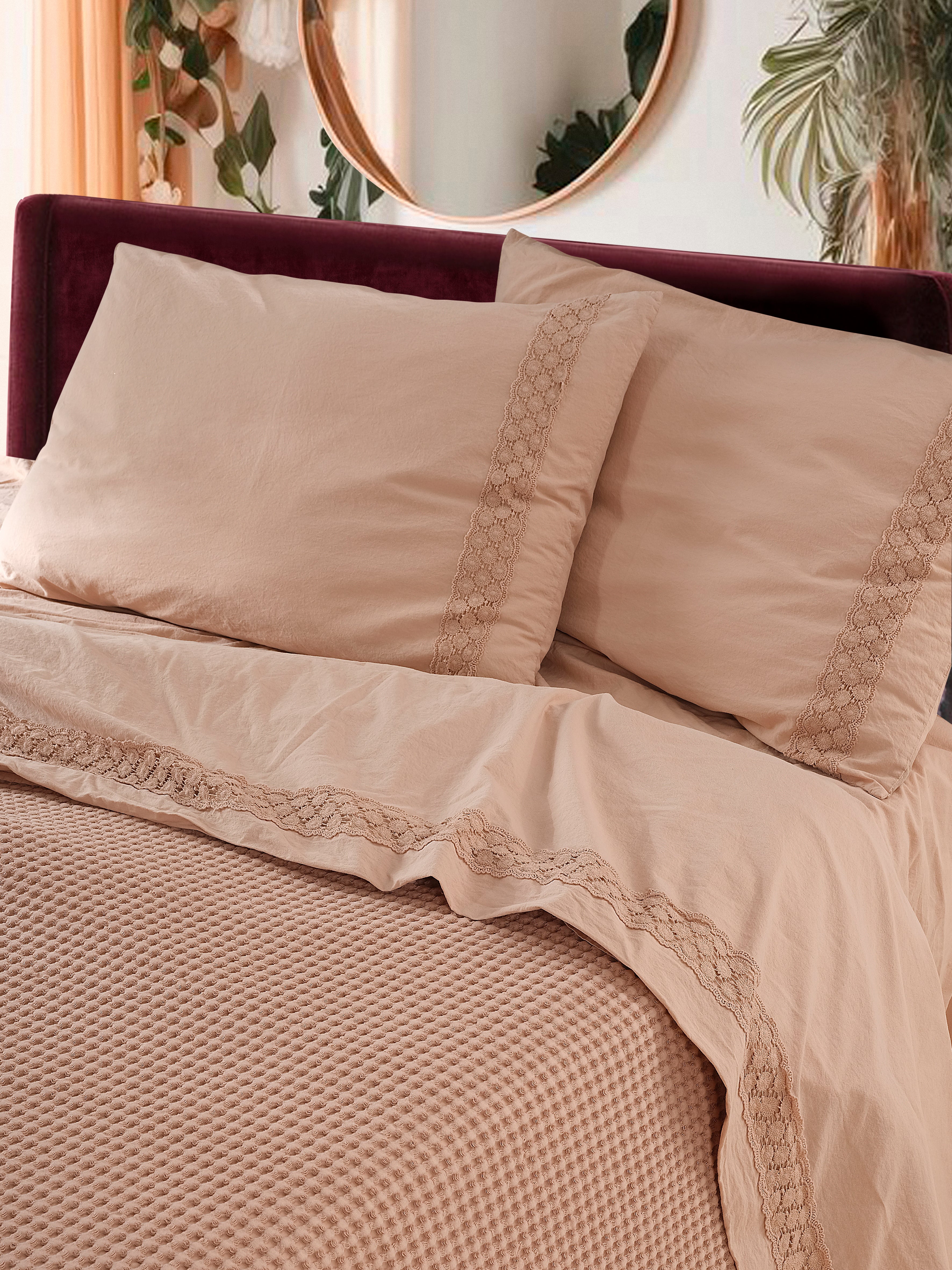 Parure Lenzuola Cotone No-Stiro PIZZO CROCHET Letto Moreali Tessile Casa Matrimoniale 250 x 295 Fard