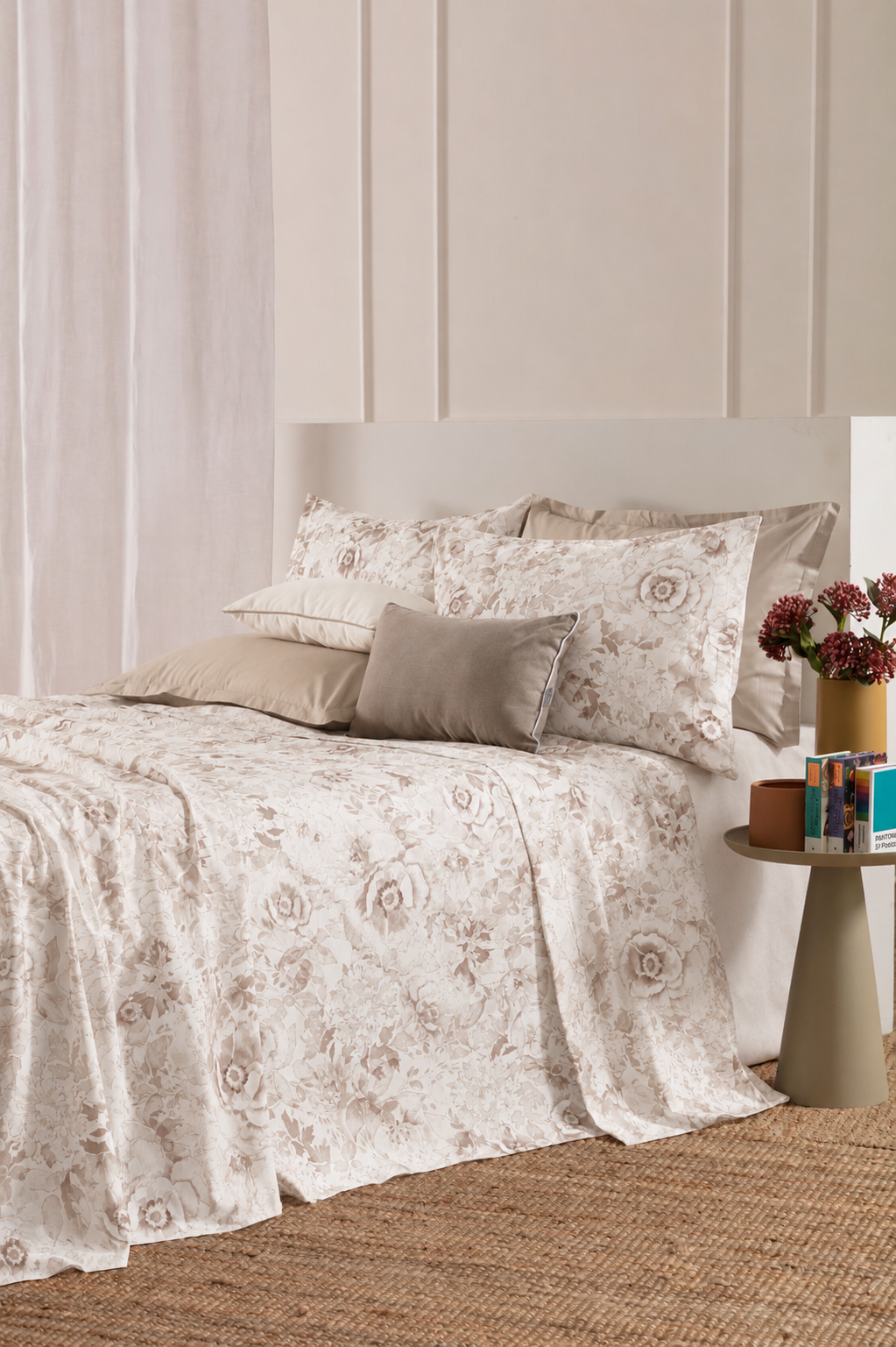 Completo Lenzuola Copriletto Cotone Stampato AMARIS Letto Riviera Matrimoniale Crema