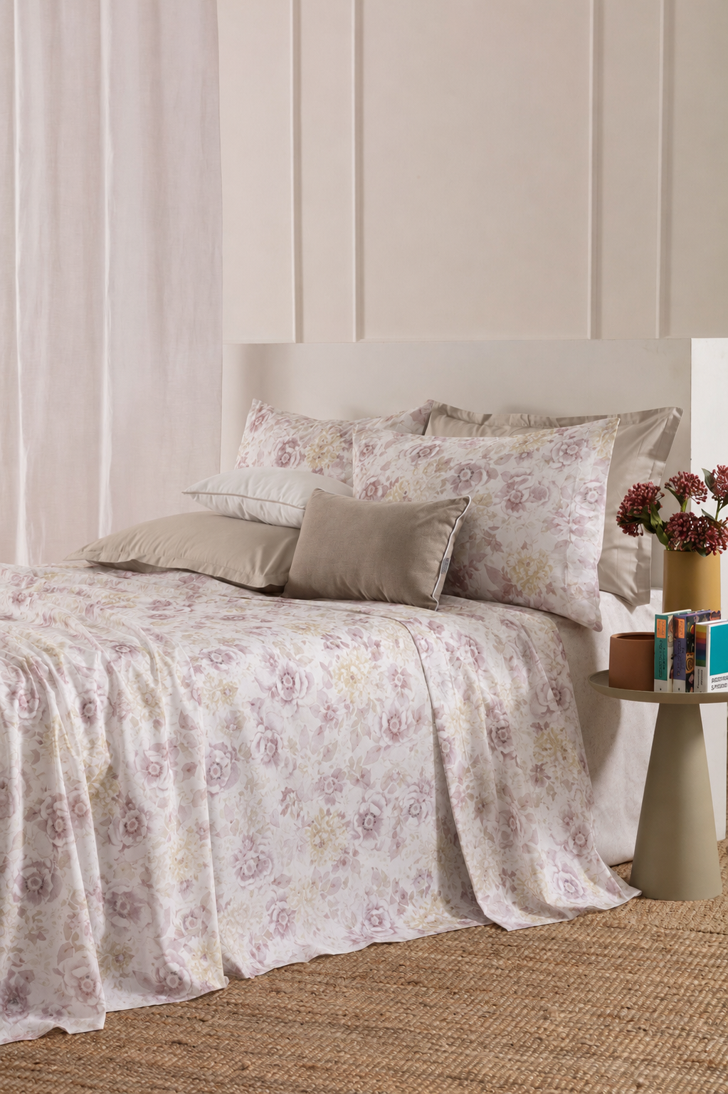 Completo Lenzuola Copriletto Cotone Stampato AMARIS Letto Riviera Matrimoniale Malva