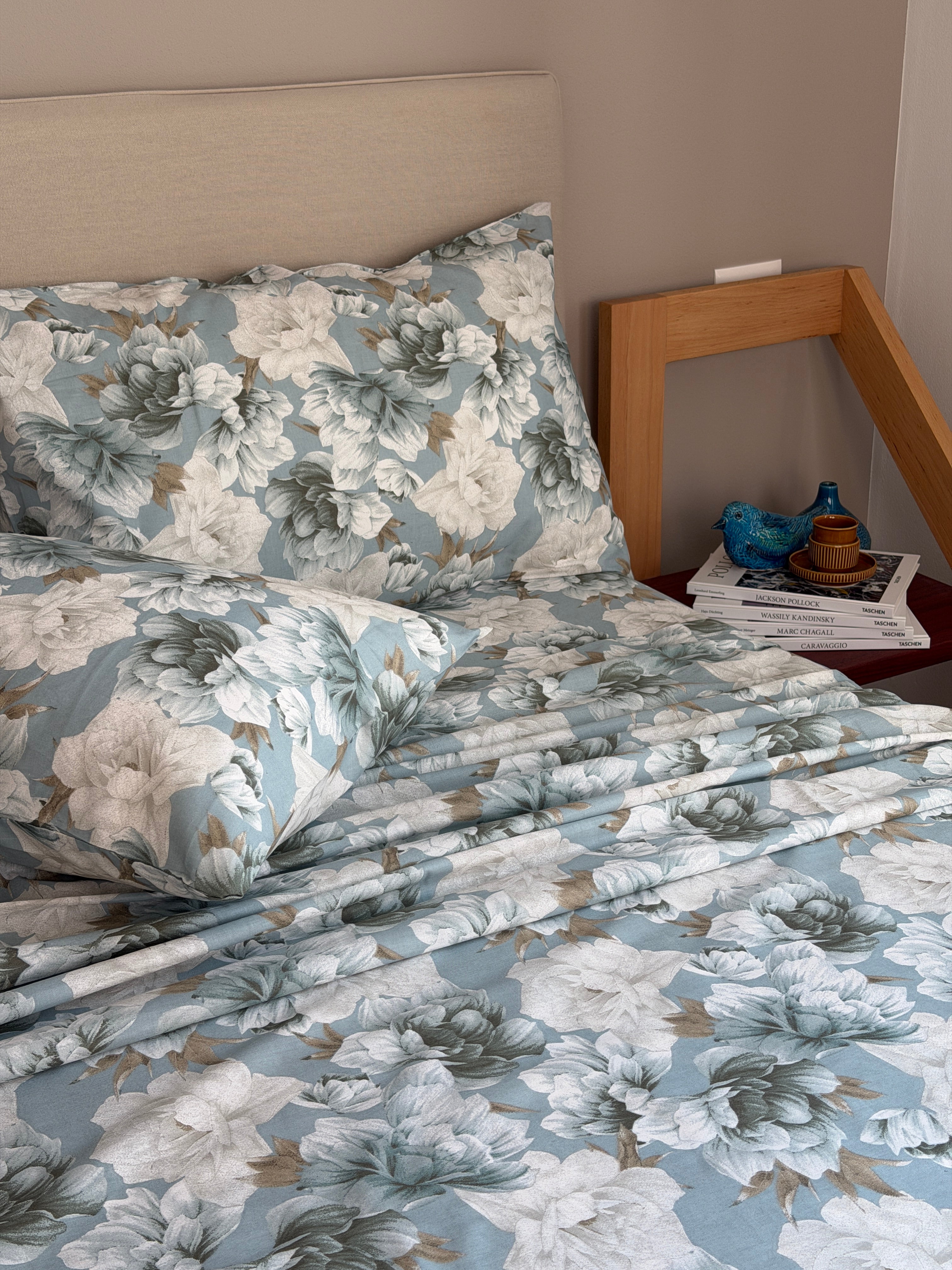Completo Lenzuola Cotone Stampato PEONYS Letto Cotonissimo Matrimoniale Azzurro