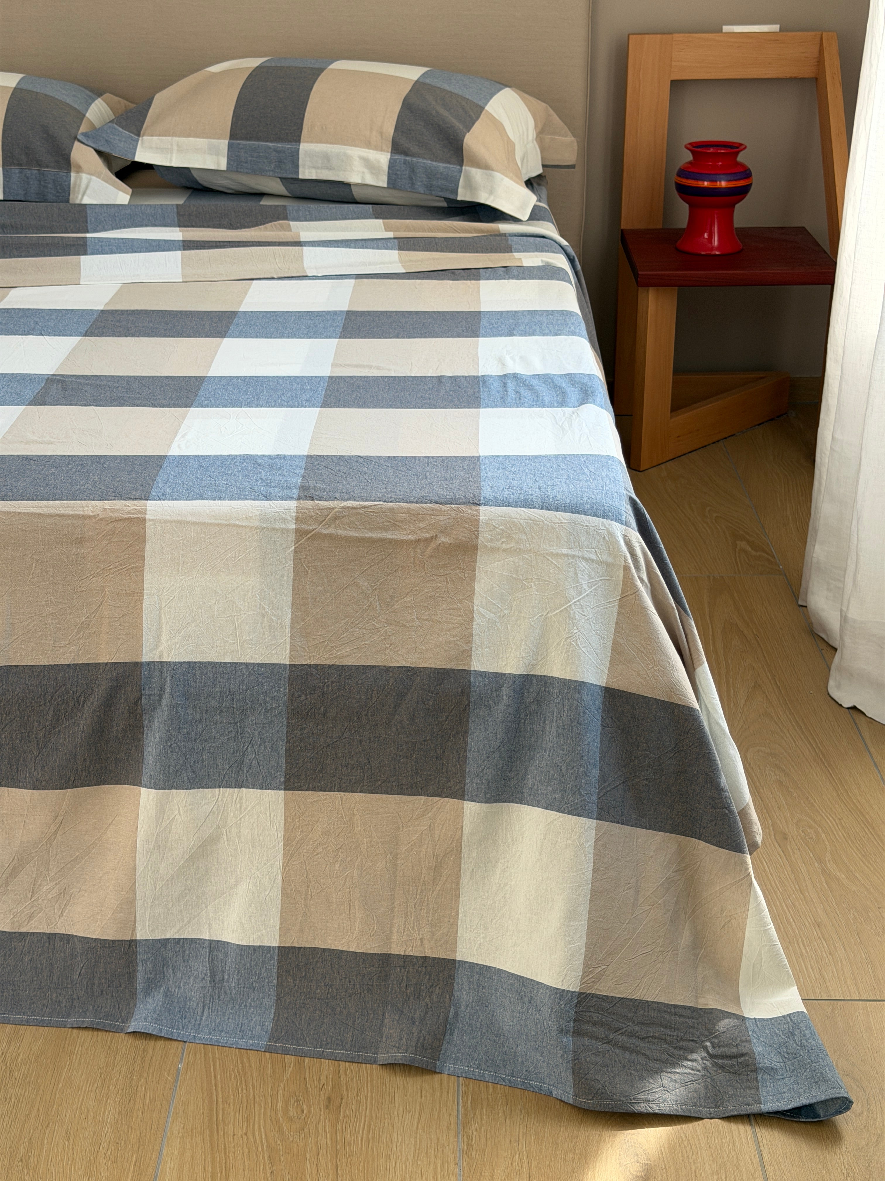 Completo Lenzuola Tinto Filo BLUE SQUARES Letto Ferrari Matrimoniale Denim