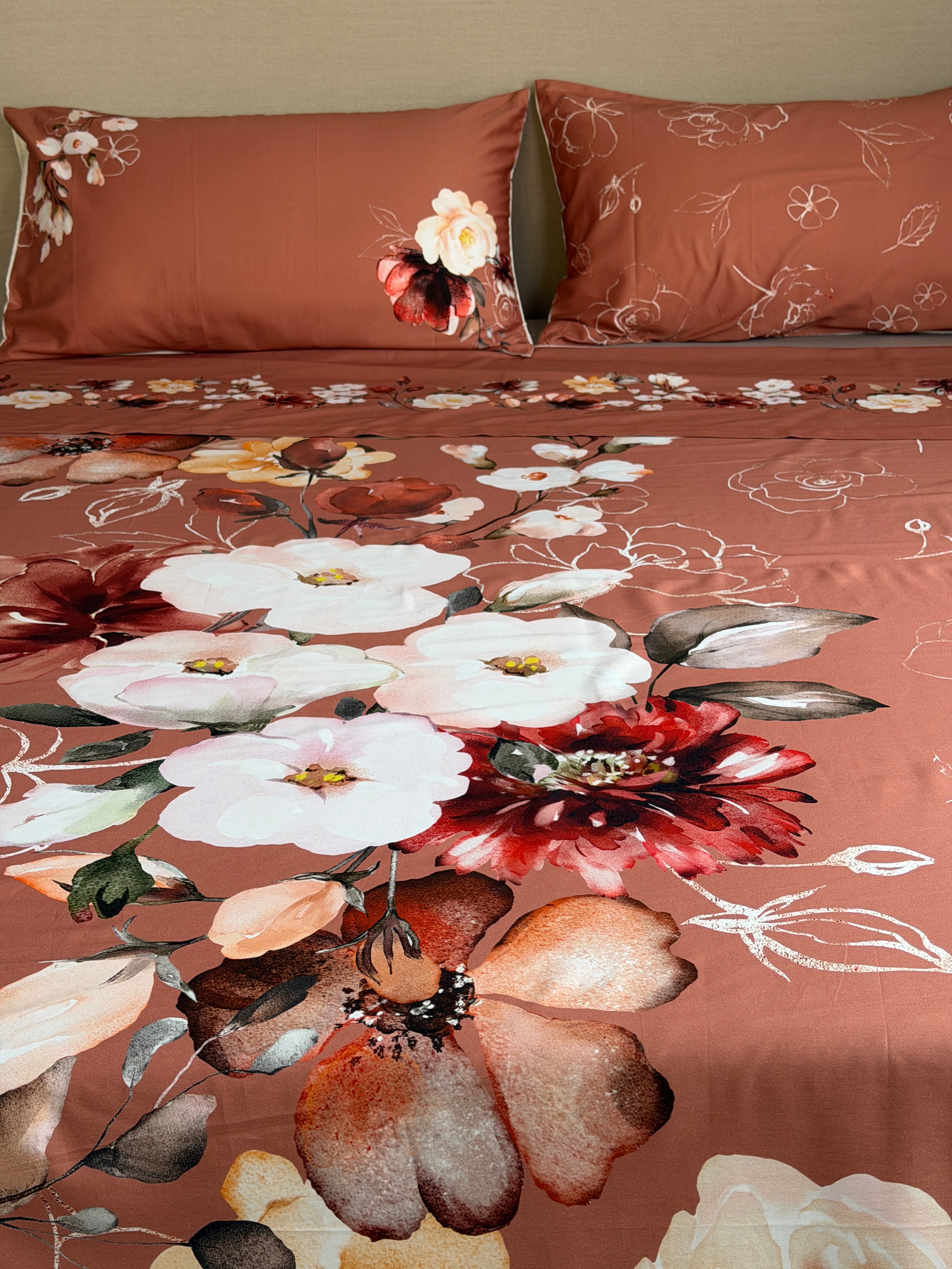 Parure Lenzuola Copriletto Raso 300TC FIORI SUL LETTO - VITTORIA Letto Moreali Tessile Casa