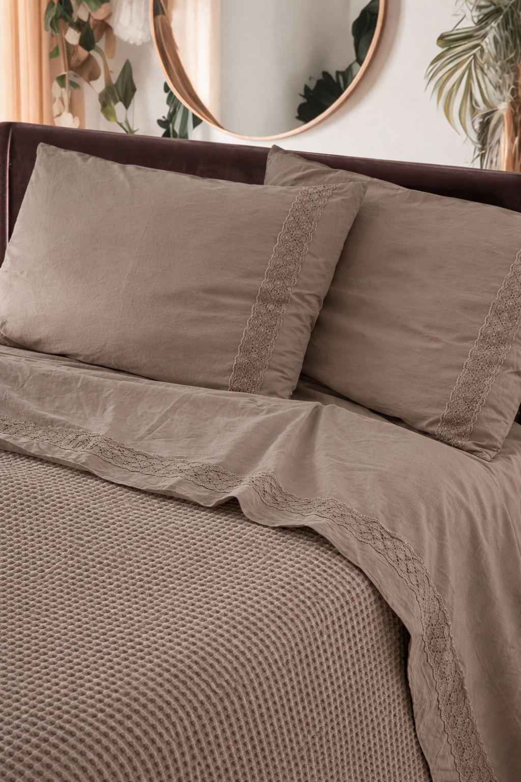 Parure Lenzuola Cotone No-Stiro PIZZO CROCHET Letto Moreali Tessile Casa Matrimoniale 250 x 295 Tortora