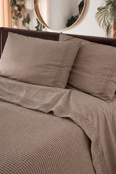 Parure Lenzuola Cotone No-Stiro PIZZO CROCHET Letto Moreali Tessile Casa Matrimoniale 250 x 295 Tortora