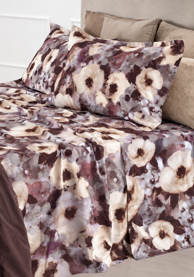 Completo Lenzuola Copriletto Percalle Stampa Digitale EIRA Letto Riviera Matrimoniale Beige Nocciola