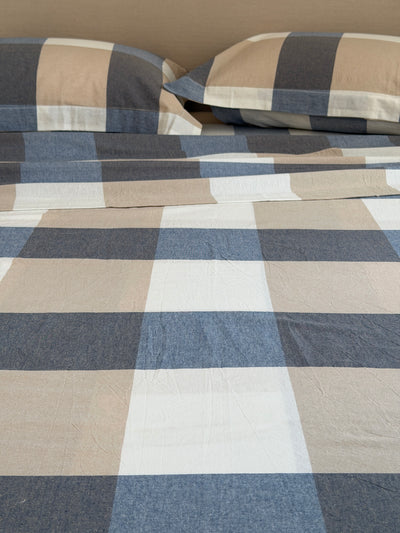 Completo Lenzuola Tinto Filo BLUE SQUARES Letto Ferrari