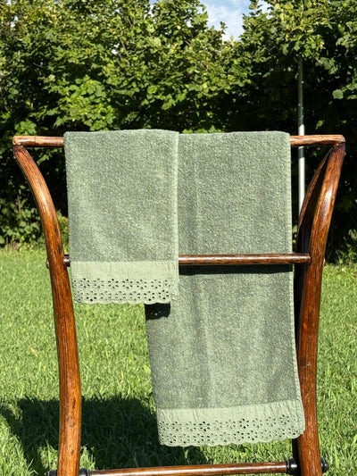 Set Asciugamani Bordo Sangallo Bagno Moreali Tessile Casa 60 x 100 / 40 x 60 Verde