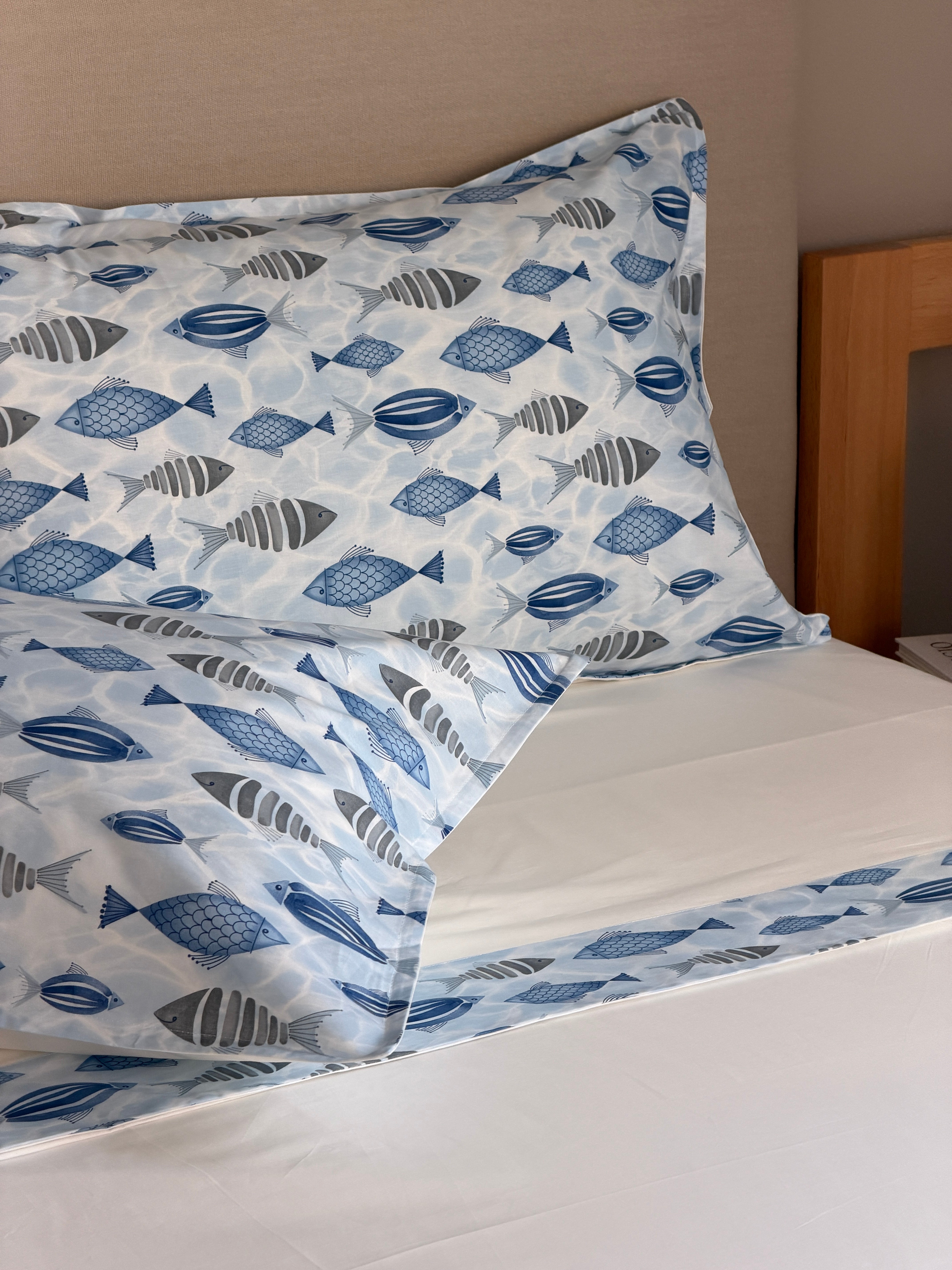 Completo Lenzuola Bordo Cotone PESCI Letto Moreali Tessile Casa Matrimoniale Azzurro