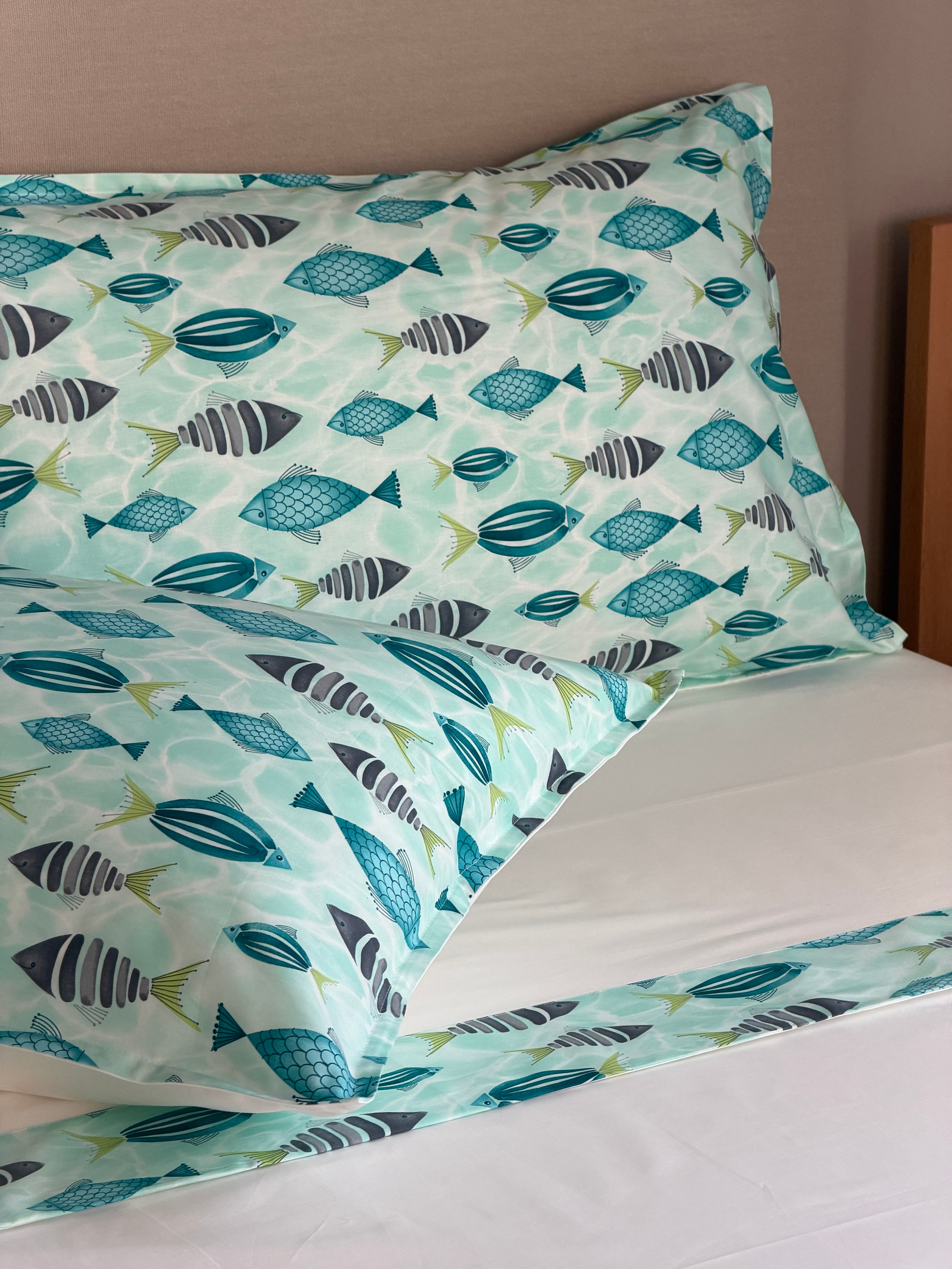 Completo Lenzuola Bordo Cotone PESCI Letto Moreali Tessile Casa Matrimoniale Verde Acqua
