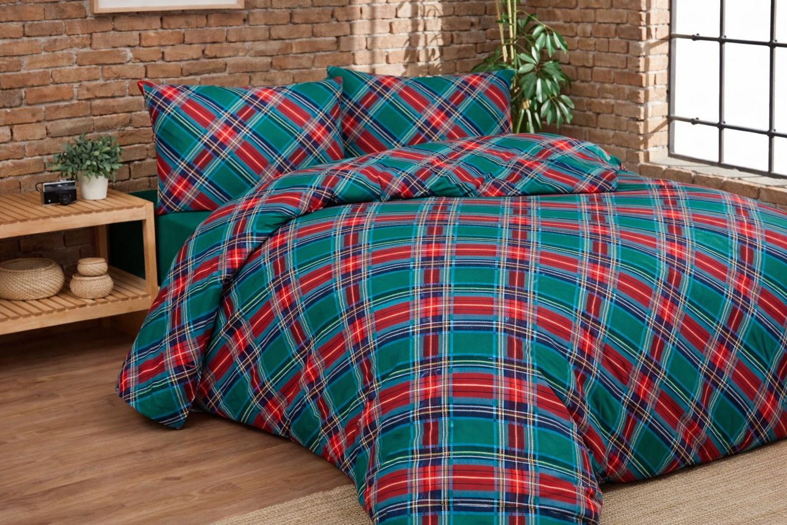 POPUP Parure Copripiumino Double Cotone Stampato TARTAN Letto Daunex Piazza e Mezzo Verde