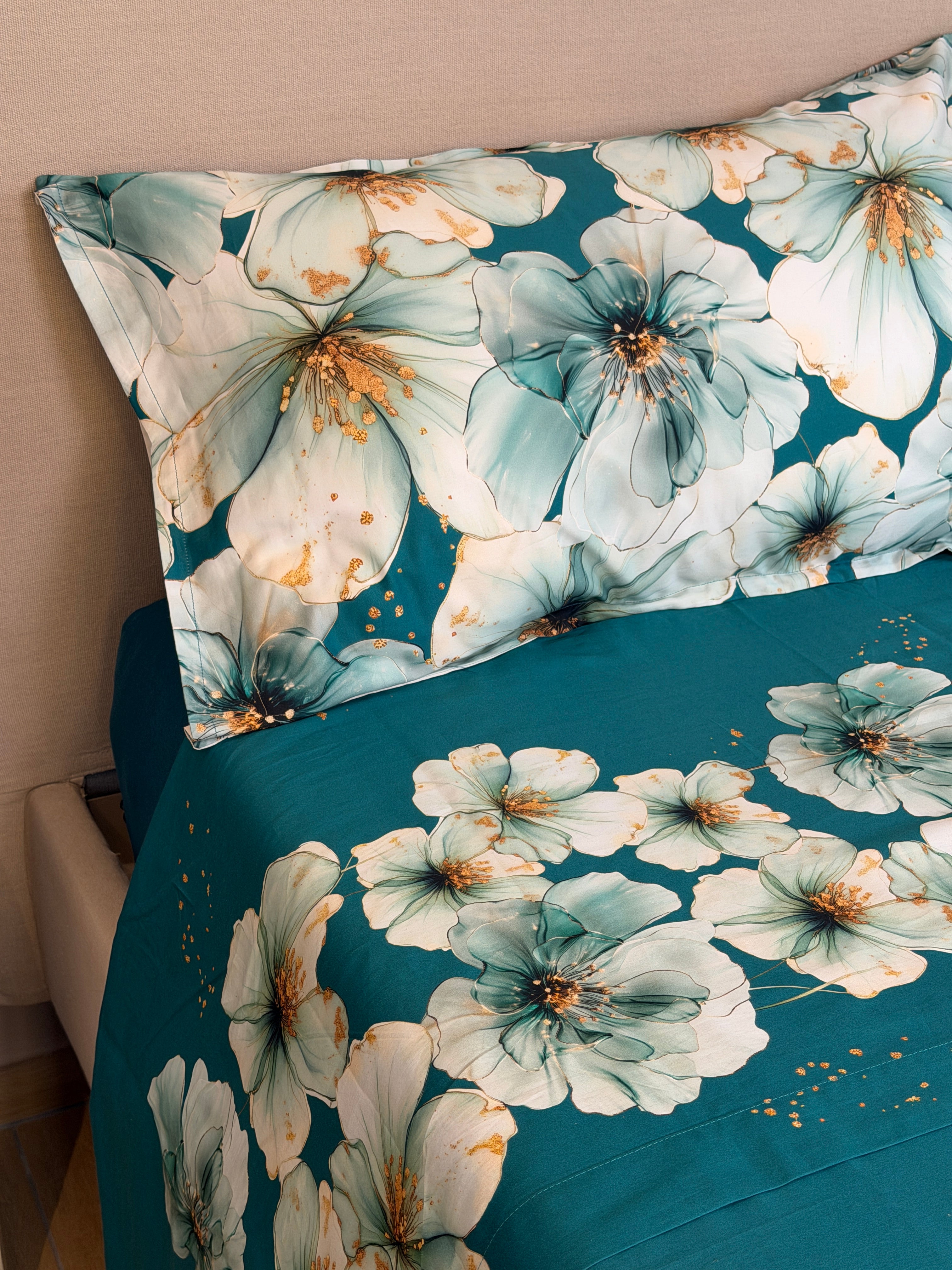 Parure Lenzuola Copriletto Raso 300TC FIORI SUL LETTO - OTTAVIA Letto Moreali Tessile Casa