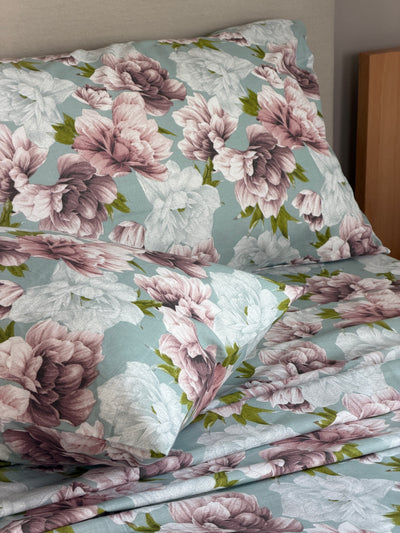 Completo Lenzuola Cotone Stampato PEONYS Letto Cotonissimo Matrimoniale Malva