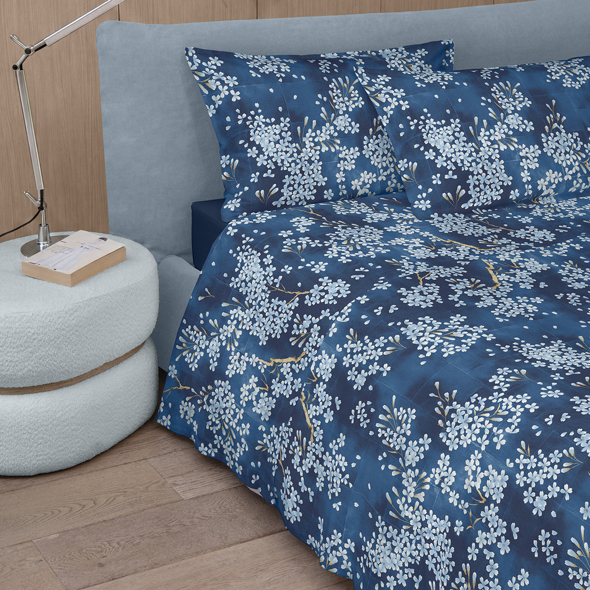 Completo Lenzuola Copriletto Percalle KIMONO Letto Fazzini Matrimoniale Blu