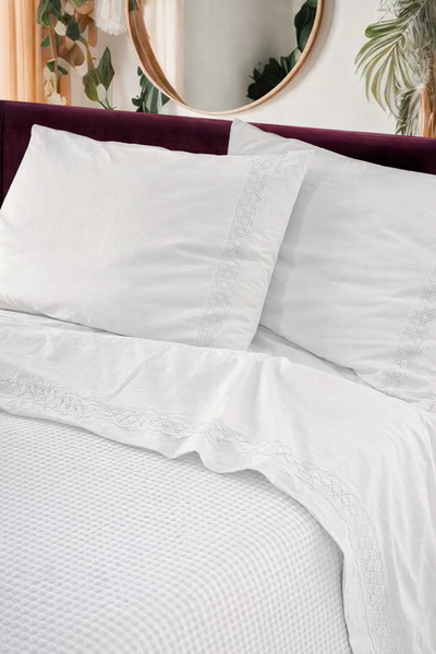 Parure Lenzuola Cotone No-Stiro PIZZO CROCHET Letto Moreali Tessile Casa Matrimoniale 250 x 295 Bianco