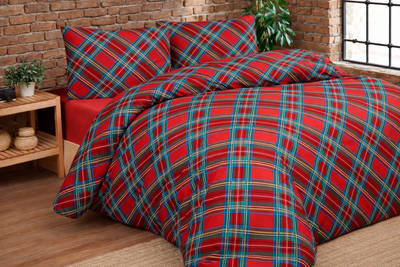 POPUP Parure Copripiumino Double Cotone Stampato TARTAN Letto Daunex Piazza e Mezzo Rosso