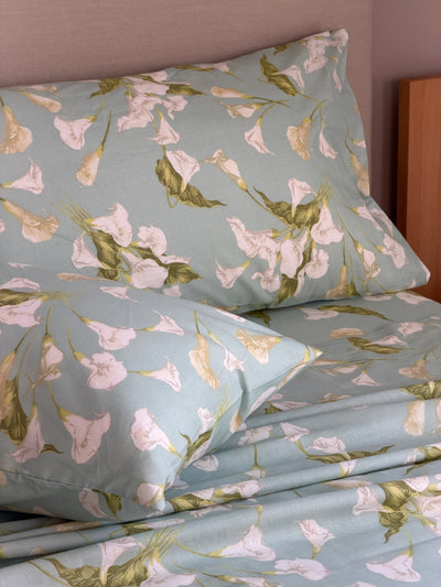 Completo Lenzuola Cotone Stampato CALLA Letto Cotonissimo Matrimoniale Azzurro