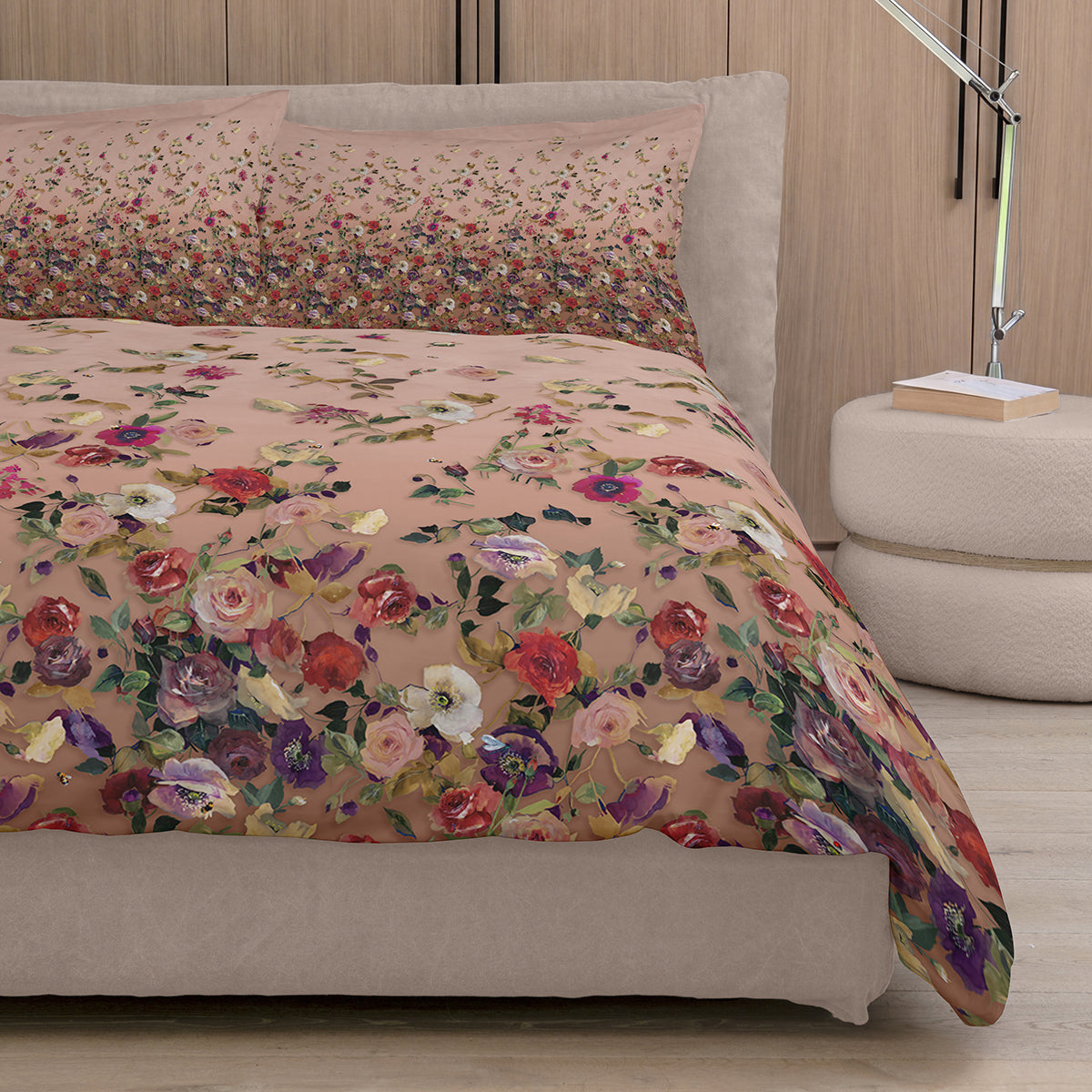 Parure Copripiumino Raso 300 Fili NETTARE Letto Fazzini Matrimoniale Rosa