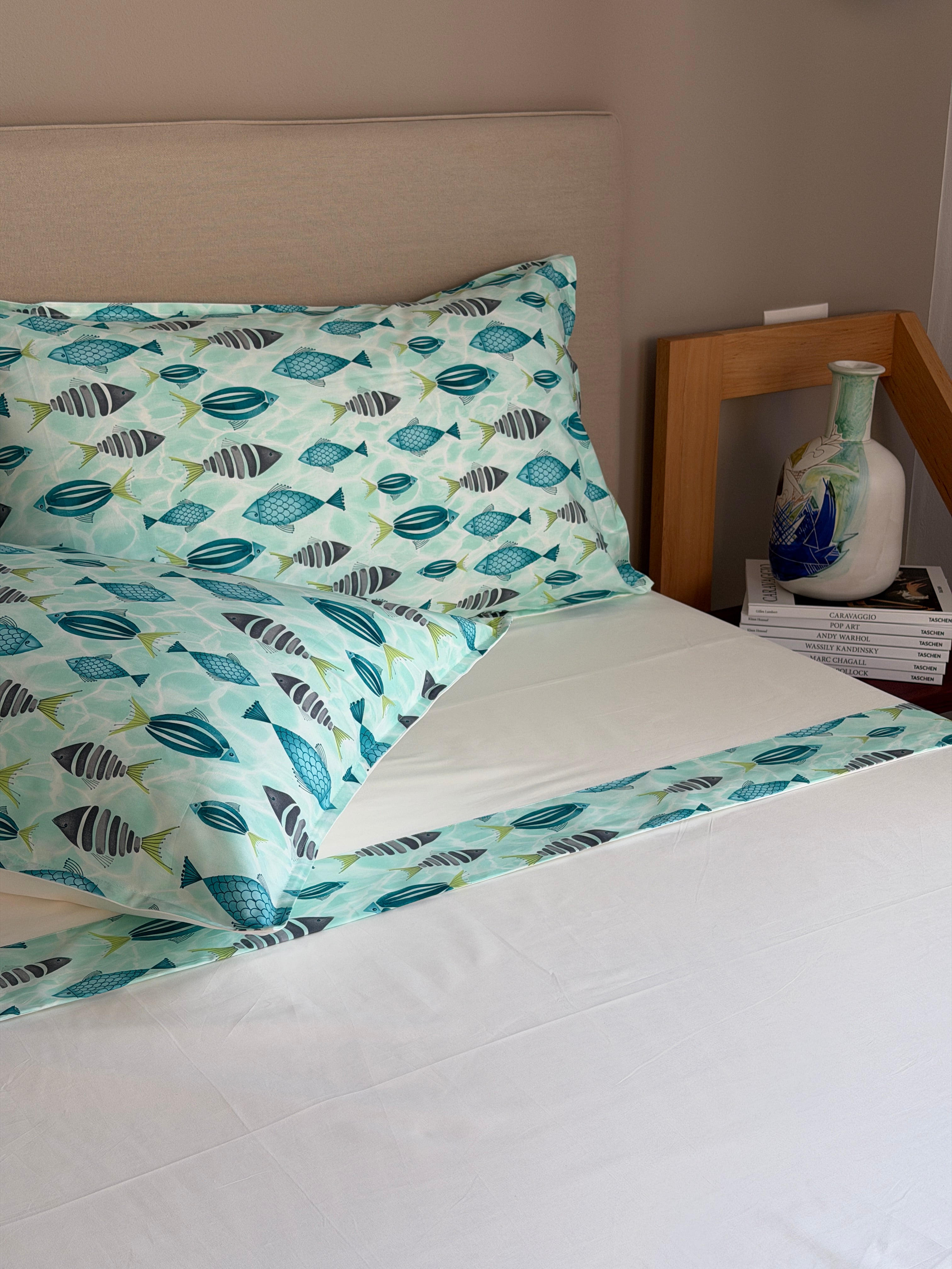 Completo Lenzuola Bordo Cotone PESCI Letto Moreali Tessile Casa