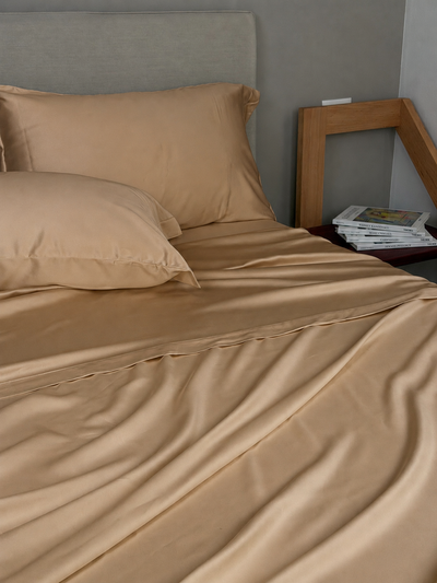 Completo Lenzuola Raso 300 Fili BAMBOO Letto Moreali Tessile Casa Matrimoniale Caramello