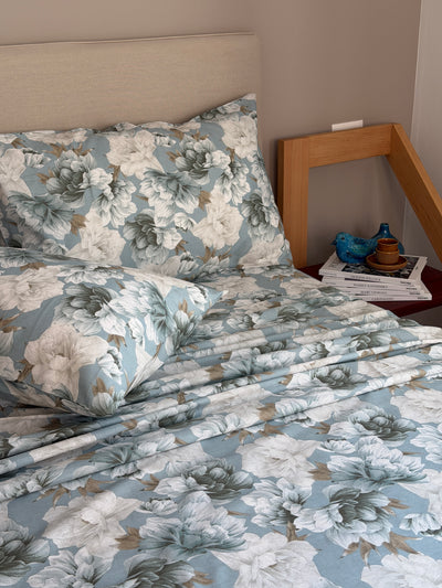 Completo Lenzuola Cotone Stampato PEONYS Letto Cotonissimo Matrimoniale Azzurro