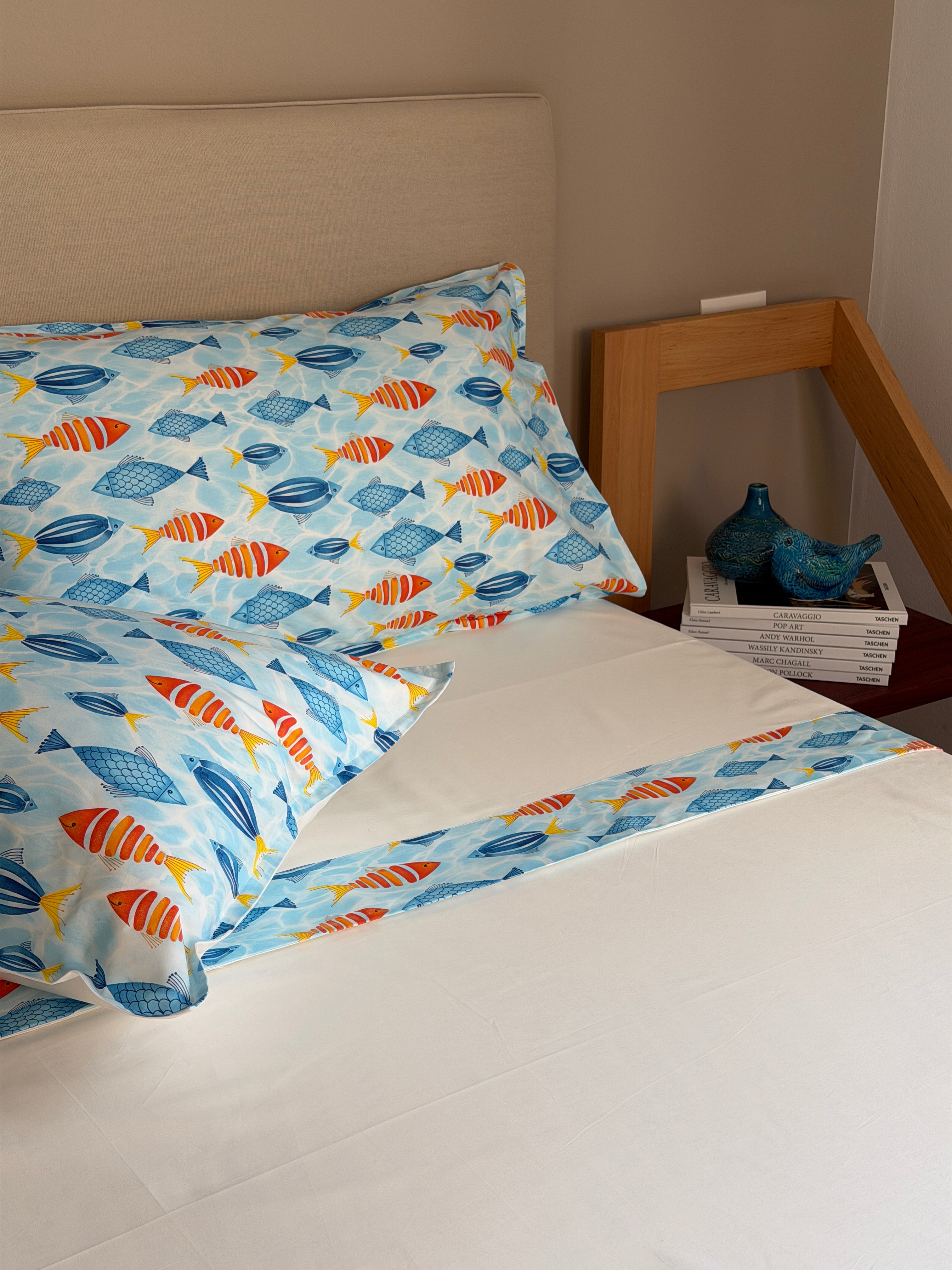 Completo Lenzuola Bordo Cotone PESCI Letto Moreali Tessile Casa