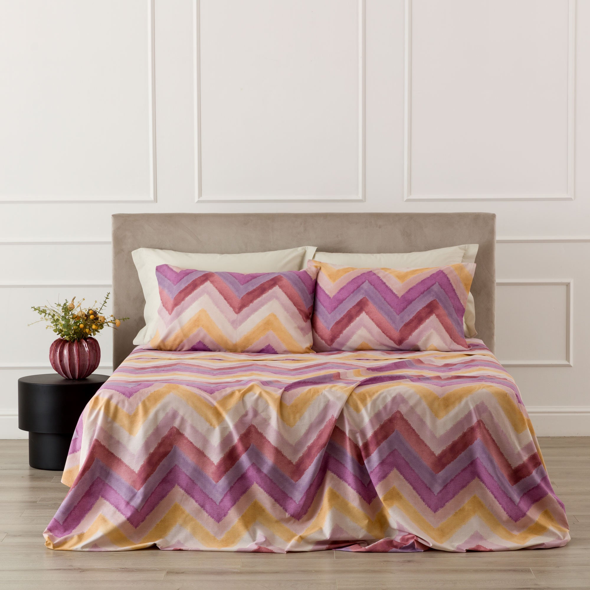 Completo Lenzuola Cotone Stampato ARBEN Letto Riviera Matrimoniale Malva